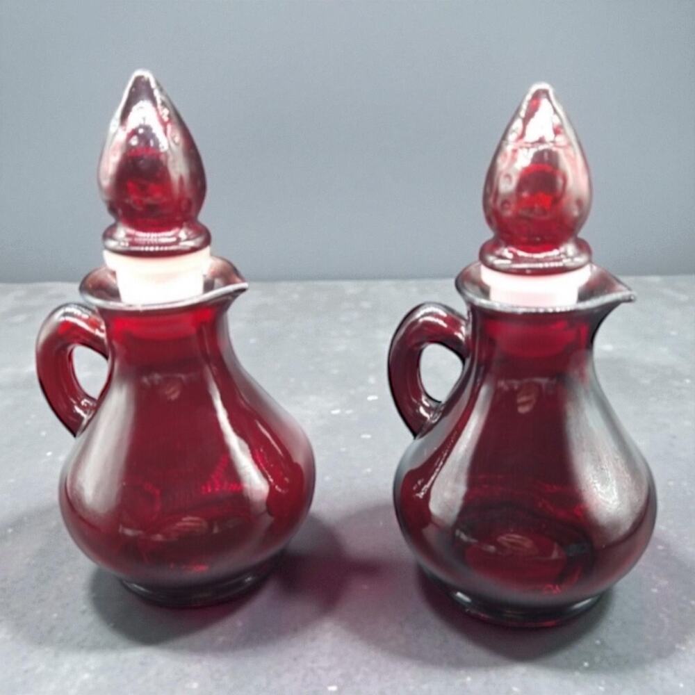 Vintage Avon Ruby Red Glass Pitcher Bottles Strawberry Bath Foam  5.5”  Empty